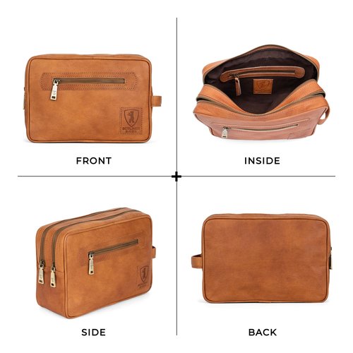 BERLINER BAGS Vintage Genuine Leather Toiletry Bag Paul, Two Zippered Compartments, Large Capacity Cosmetics Bag for Men and Women for Travel - Brown (2 Compartments)