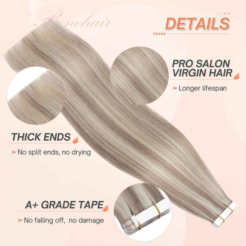 Benehair Tape in Human Hair Extensions, 22 inch Straight Invisible Tape Extensions Remy Blonde Hair Extensions 10pcs 20g Ash Brown Mix Bleach Blonde 18p613