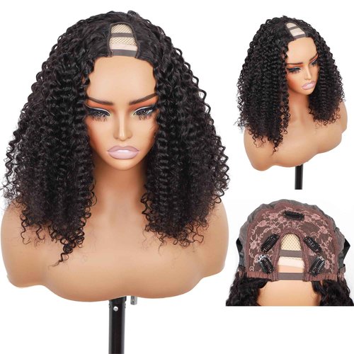 V Part Wig Human Hair 12A Deep Curly Wig Human Hair Glueless U Part Wig with Clip 180% Density Half Wigs for Women Beginner Friendly No Sew In No Glue (1B, 18inch)