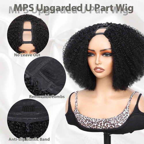 MPS Kinky Curly Human Hair Wigs for Black Women Afro Curly Human Hair 180% Density 12 Inch Full Head Clip in U Part Wigs Human Hair Pre Plucked U Shape Wigs (Natural Black)