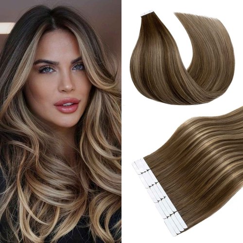 S-noilite Tape In Hair Extensions Human Hair Real Natural Straight Silky Remy Hair Seamless Double Side Tape in Hair Extensions for Women (22 Inch, (4/27)/4 Chocolate Brown to Caramel Blonde)
