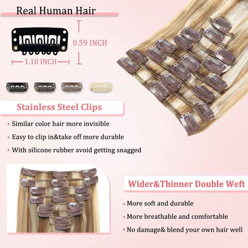 Clip in Hair Extensions Real Human Hair Clip in Extensions for Women Seamless Balayage Light Blonde to Golden Blonde Straight Remy 100% Human Clips ins Extension 8pcs Double Weft 22 inch 4oz/110g