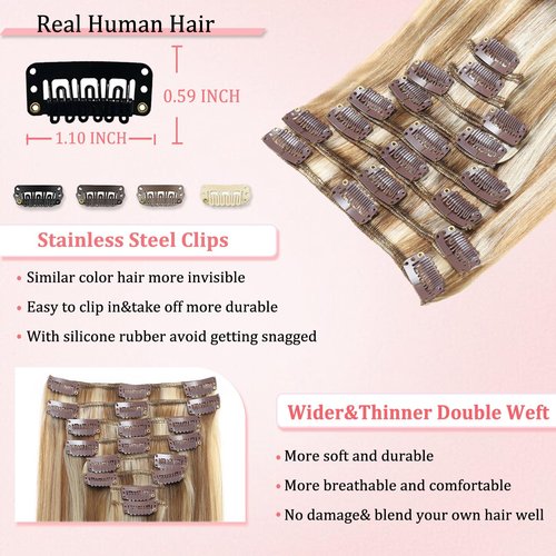 Clip in Hair Extensions Real Human Hair Clip in Extensions for Women Seamless Balayage Light Blonde to Golden Blonde Straight Remy 100% Human Clips ins Extension 8pcs Double Weft 18 inch 3.5oz/100g