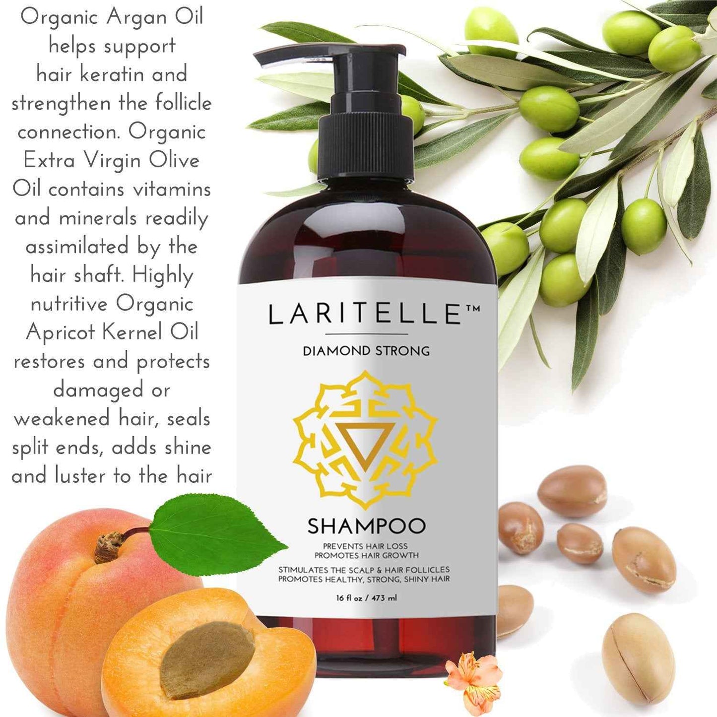 Laritelle Organic Shampoo 17 oz + Conditioner 16 oz | Prevents Hair Loss, Promotes Hair Growth | Argan Oil, Rosemary, Ginger & Cedarwood | NO GMO, Sulfates, Gluten, Alcohol, Parabens, Phthalates