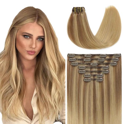 Youngsmile Human Hair Extensions Clip in Extensions 7Pcs 16 Inch 140g,Balayage Golden Brown to Caramel Blonde Clip in Remy Hair Extensions Soft Silk Straight Thick End (7C#10/27/27-16inch)