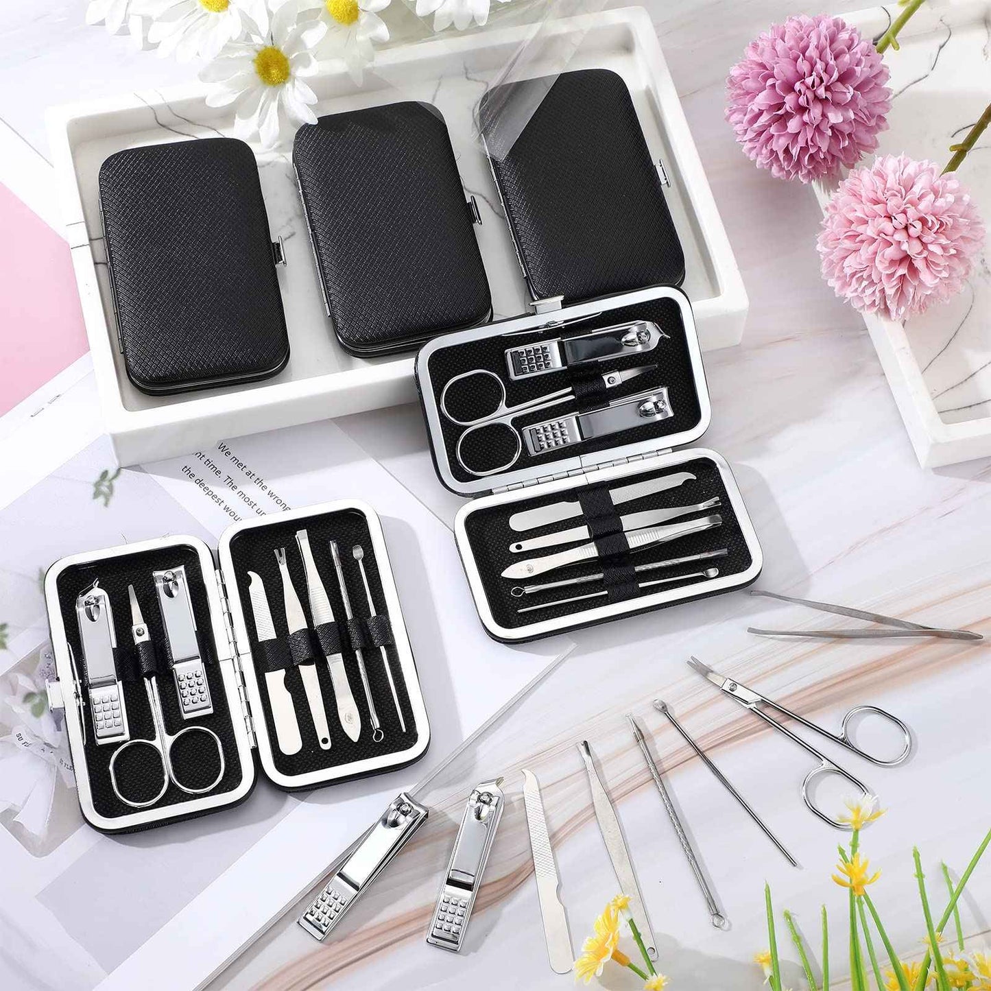 Geosar 50 Set 8 in 1 Travel Manicure Kit Bulk Professional Nail Clippers Pedicure Nail Care Tools Grooming Stainless Steel Set with Portable Travel Case, Gift for Christmas Men Women(Black)
