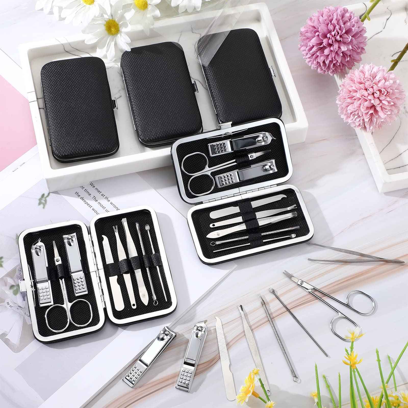 Geosar 50 Set 8 in 1 Travel Manicure Kit Bulk Professional Nail Clippers Pedicure Nail Care Tools Grooming Stainless Steel Set with Portable Travel Case, Gift for Christmas Men Women(Black)