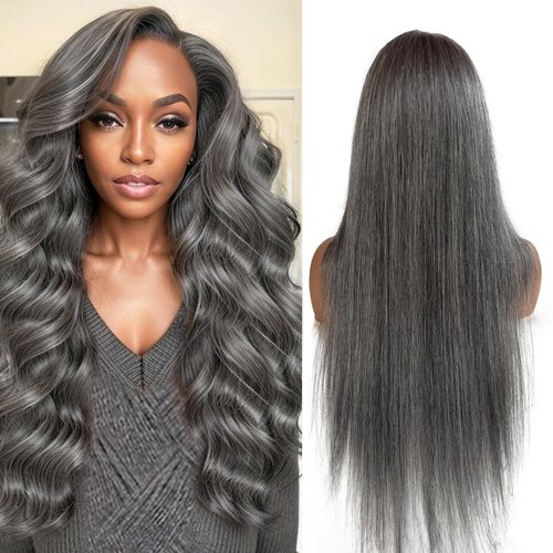 Salt and Pepper Gray Wigs Human Hair for Black Women Soft Straight 13x4 HD Lace Frontal Wig Dark Hair with White Highlighted Wigs Salt & Pepper Wig Human Hair 180% Density Pre Plucked 26 Inch