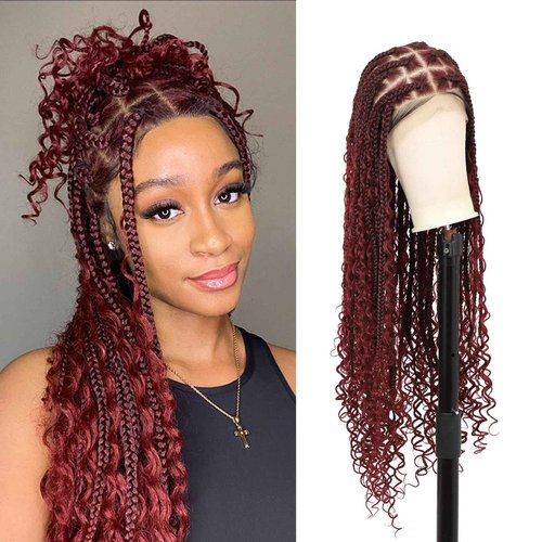 Kalyss HD Full Lace Boho Braided Wigs for Women 360 Lace Front Box Braided Wigs with Baby Hair Burgundy Red Premium Synthetic Knotless Braid Wig 36"