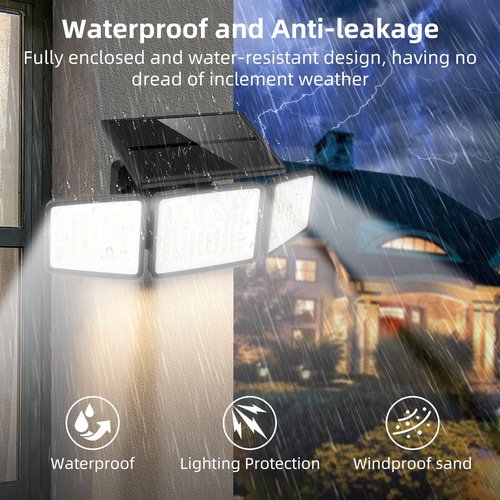 daphino 2500LM Solar Lights Outdoor with Motion Sensor,3 Head 270° Wide Angle Street Area Lights,IP65 Waterproof Security Lighting with 3 Modes(Non-Remote,4 Pcs)
