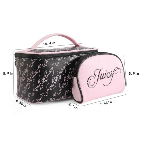 Juicy Couture Black Pink Makeup Bag Cosmetics Organizer Travel Essentials Train Case Coin Purse Cursive Logo Rhinestone Velour