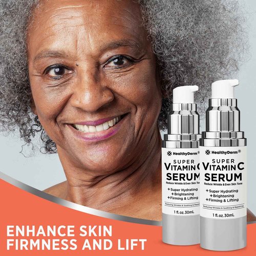 Super Vitamin C Serum for Women Over 70: Niacinamide, Vitamin C, Hyaluronic Acid, Peptides, Vitamin E, Caffeine, Bakuchiol, Hydrating, Lifting, Wrinkle & Age Spots Reduction Pack of 2