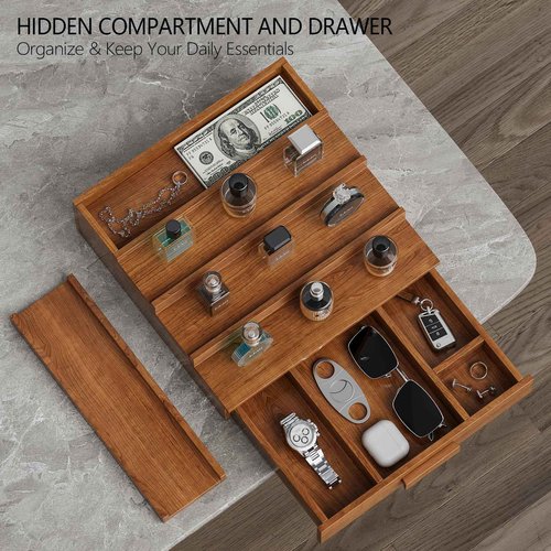 Sueuapp Cologne Organizer for Men,4 Tier Walnut Wood Cologne Stand,Cologne Shelf Display Holder with Hidden Storage and Drawer,Perfume Stand Organizer Great Gift for Men,Walnut