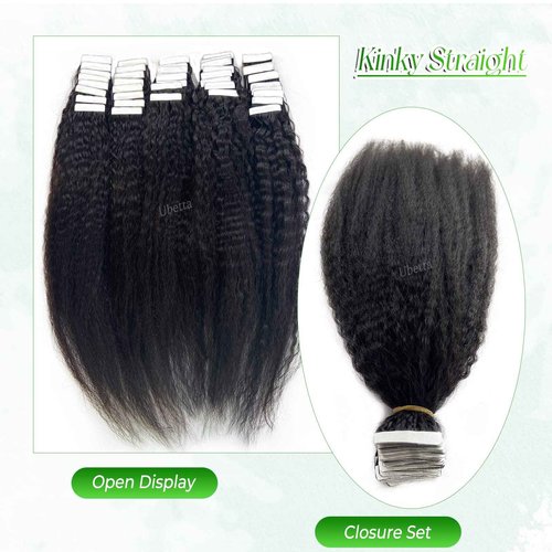 Tape in Hair Extensions Human Hair Kinky Straight 24Inch Natural Black Hair Extensions Real Human Hair Tape in Extensions for Black Women, 40 Pieces 100G Invisible Tape Hair Extensions for Short Hair