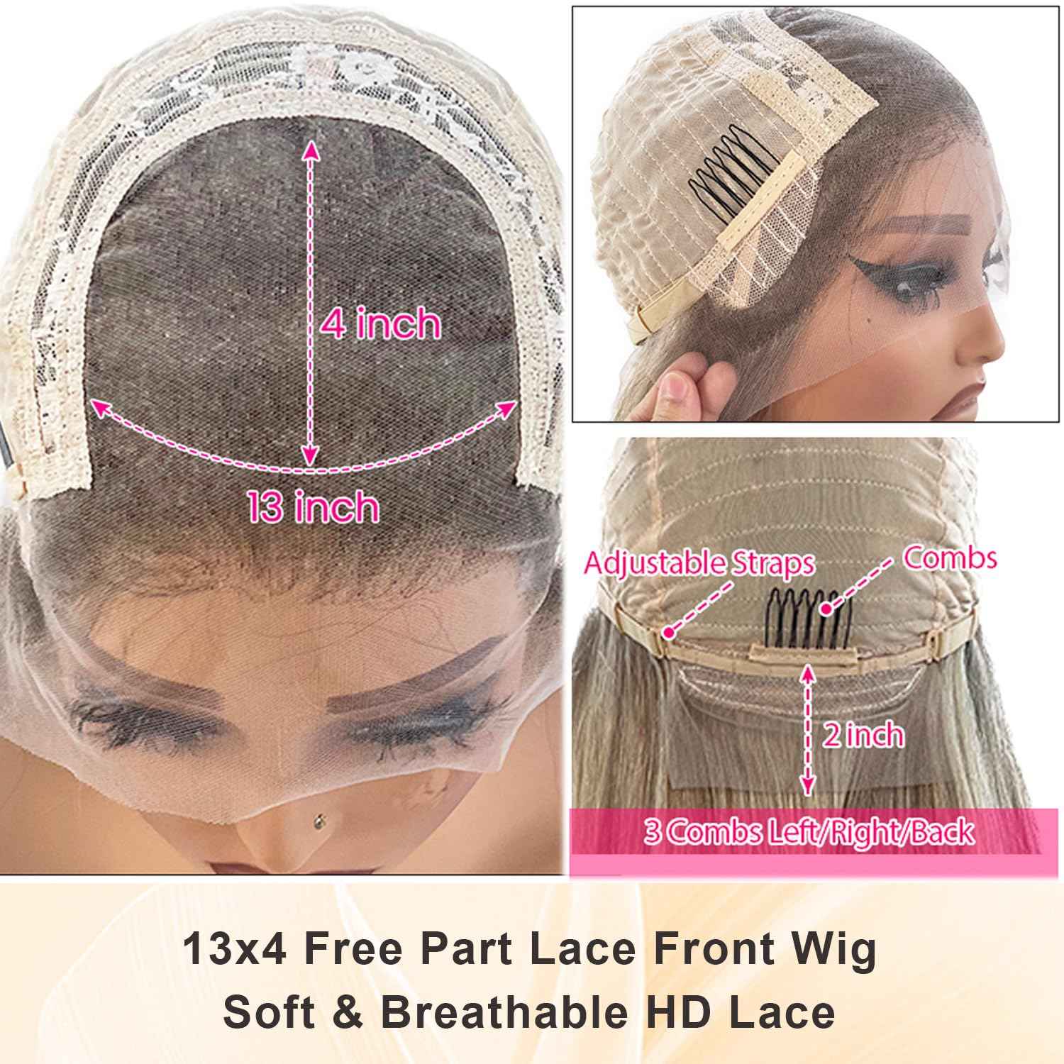 Highlight Ombre Ash Blonde Lace Front Wig Human Hair for White Women, 13x4 Invisible Lace Lace Frontal Wig Pre Plucked Natural Hairline Full 180% Density Real Human Hair Glueless Wigs with Brown Roots