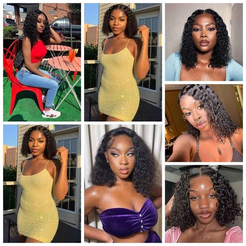 Sungirl Bob Wig Human Hair 13x4 Deep Wave Curly Lace Front Wigs Human Hair For Women Short Bob Wig Pre Plucked with Baby Hair Glueless Hair Curly Wigs Nature Hairline 180% Density 16 Inch