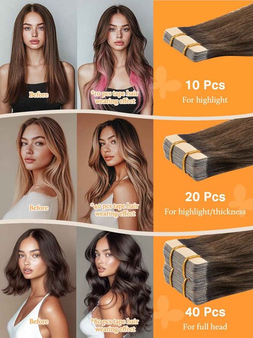 DOORES Tape-in Human Hair Extensions, Dark Brown to Chestnut Brown 100g 40pcs 16 Inch, Real Human Remy Hair, Straight