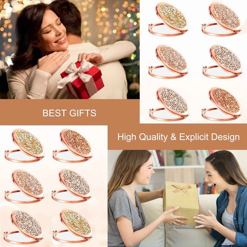 Cindeer 48 Pcs Small Compact Mirror Folding Pocket Makeup Round Hand Held Cosmetic Magnifying Compact Rhinestone Mirror with 1X/2X Magnification for Women Girls Travel (Classic Colors)