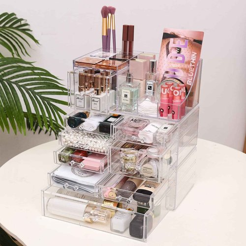 Cq acrylic 3 Pack Clear Make up Organizer Countertop,Stackable 9 Drawers Makeup Storage,Cute Vanity Organizers for dresser Hair Clip,Jewelry,Beauty Product Desk and Bathroom Organizers and Storage