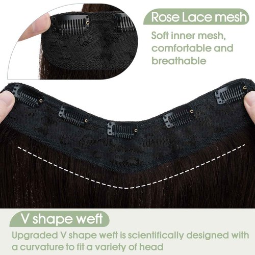 S-noilite One Piece Clip in Hair Extensions Human Hair One Piece/5 Clips 3/4 Full Head V Part Weft Thicker Hair Lace Net One Piece Hair Extensions Clip in Human Hair (16"-65g,#02 Dark Brown)