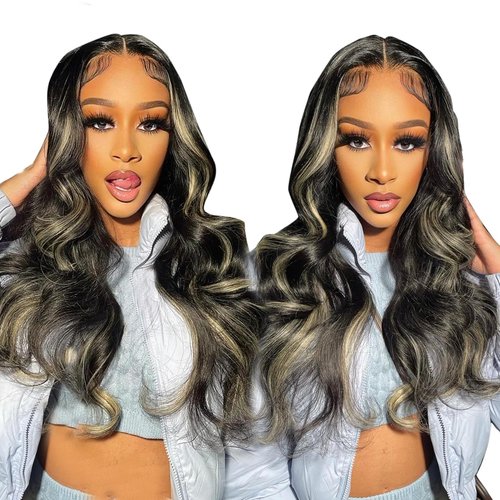 B-fashion Highlight Lace Front Wig Human Hair Pre Plucked 24 Inch Ombre 4x4 HD Lace Closure Wigs Human Hair Colored Body Wave Wear and Go Glueless Wigs Human Hair Pre Plucked Pre Cut 1B/27