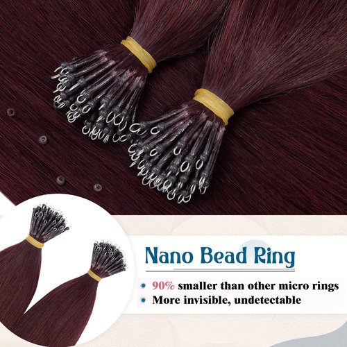 22inch Nano Beads Ring Hair Extensions Human Hair Burgundy Pre Bonded I Tip Keratin Fusion Stick Tipped Hairpiece Iron Loop Link Straight Micro Bead Remy Hair for Women Wine Red #99J 50g 50strands