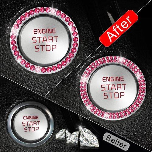 LivTee 2 PCS Crystal Combinatorial Rhinestone Car Engine Start Decoration Ring, Push to Start Button Cover Sticker, Bling Car Interior Accessories for Women, Automotive Decals, Red