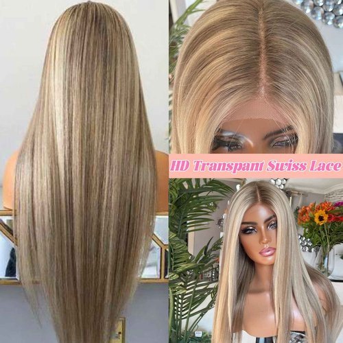 13x4 Transparent Brown Ombre Lace Front Wig Human Hair for Women,Highlight Ash Brown to Blonde Lace Front Wigs Glueless Straight Soft Brazilian Human Hair Pre Plucked Hairline with Baby Hair(#8/18/60)
