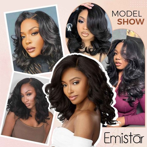 Body Wave 13x6 HD Lace Front Wigs Blend Human Hair 180% Density Bob Wig Pre Plucked Short Bob Wigs for Black Women Glueless Frontal Wig Synthetic Hair Natural Black Loose Wavy 16 Inch
