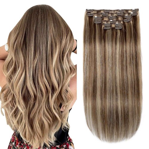 XDhair Clip In Hair Extensions Remy Human Hair Medium Brown #4 Mixed to Caramel Blonde #27 Clip In Real Hair Silk Stright 120g 6Pcs (#4P27,18Inch)