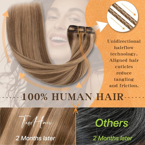 TESSHAIR Remy Hair Extensions Clip in Human Hair 18 Inch Straight Real Hair Extensions Clip in Human Hair 120g 7Pcs, Medium Brown Mixed Dark Blonde
