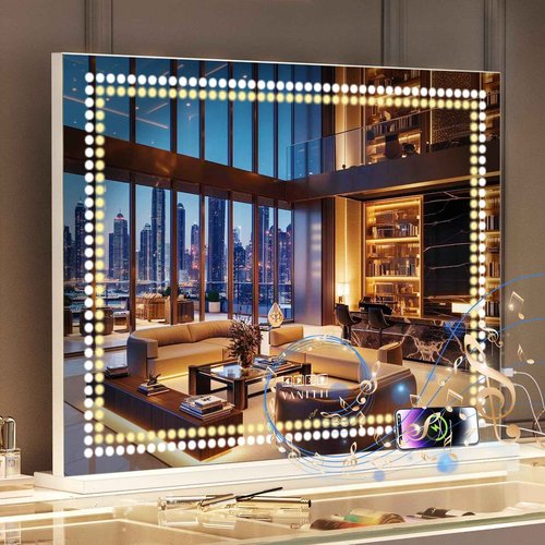 VANITII Vanity Mirror with Lights 32"x23" Lighted Makeup Vanity Mirror with Smart Speaker Dimmable 3 Light Modes 10X Magnification Light Up Mirror Touch Control Tabletop