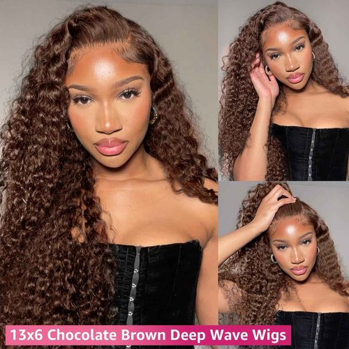 MXTQO Deep Wave Lace Front Wigs Human Hair Chocolate Brown 13x6 HD Lace Front Wigs Pre Plucked Deep Curly Wigs Wet and Wavy Human Hair Frontal Wigs with Baby Hair 200% Density