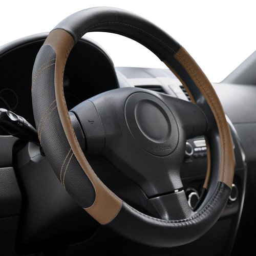 Elantrip Leather Steering Wheel Cover 14 1/2 to 15 inch Universal Padded Soft Grip Breathable for Car Truck SUV Jeep Anti Slip Brown