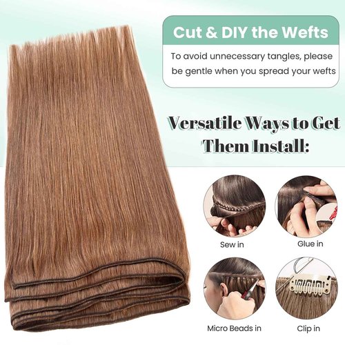 Auburn Hair Weft Sew in Extensions Remy Human Hair Hand Tied Weft Hair Extensions 20 Inch 100G Soft Straight Auburn Brown Sew in Human Hair Extensions Real Hair Weave Bundles for Women