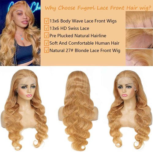 Fugool Honey Blonde Wig Human Hair 13x6 Body Wave Hd Lace Front Wigs Human Hair Pre Plucked 27# Colored Blonde Lace Frontal Wig 180% Density Real Hair Wavy Human Lace Front Wigs For Black Women 30Inch