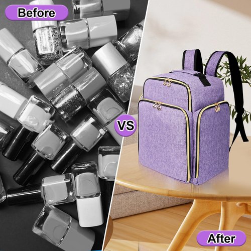 ahzske Nail Polish Organizer Backpack Holds 126 Bottles& Nail Lamp, Extra Large Nail Kit Supplies Organizer Bag with 3 Removable Cases, Portable Nail Organizers and Storage for Travel (Noble Purple)