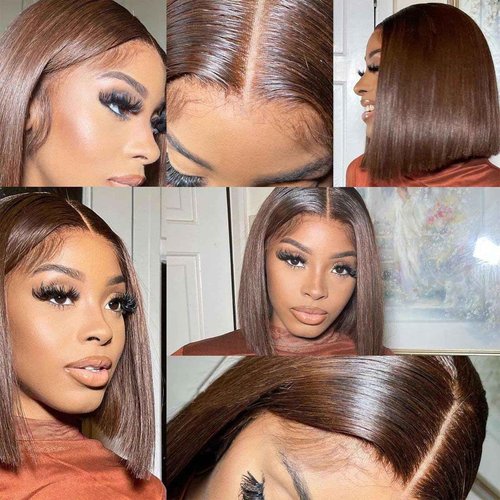 FATIAO #4 Brown Bob Lace Front Wigs Human Hair Straight HD Transparent Brown Bob Wig Human Hair Wear and Go Glueless Wig Pre Plucked Short Bob Wigs For Black Women 14inch