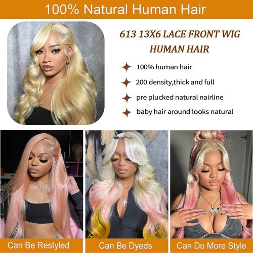 HUG MEET 30 Inch 613 13x6 Lace Front Wig Human Hair 200 Density Body Wave Blonde Wig Pre Plucked With Baby Hair