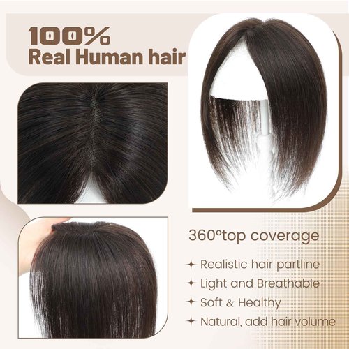 Black and Pretty Human Hair Toppers for Women Real Human Hair Pieces for Women 120% Density Swiss Base Clip In 7 * 10cm Remy Topper 10Inch HairPieces (Dark Brown)