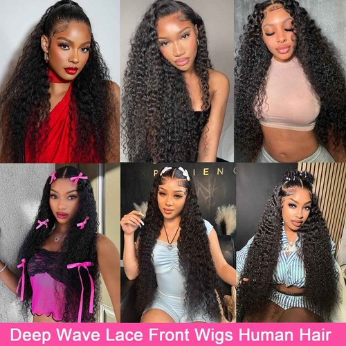 TONHONK 20 Inch Deep Wave Lace Front Wigs Human Hair 200 Density 13x6 HD Lace Frontal Wigs Human Hair Pre Plucked Deep Curly Glueless Wigs Human Hair with Baby Hair Curly Wigs for Women Natural Color