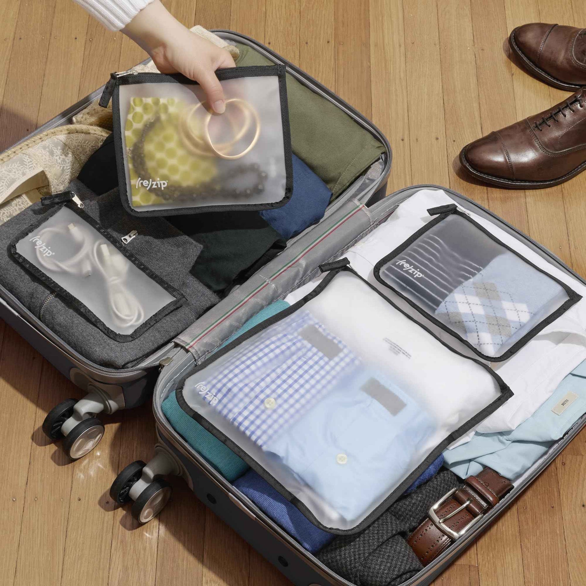 (re)zip Zippered Travel Organization Kit | 9-Piece Set Including Zippered Gallon, Medium, & Small Bags, and Carbiner Clip-On Bags | Compact & Lightweight for Snacks, Documents, Toiletries, & More