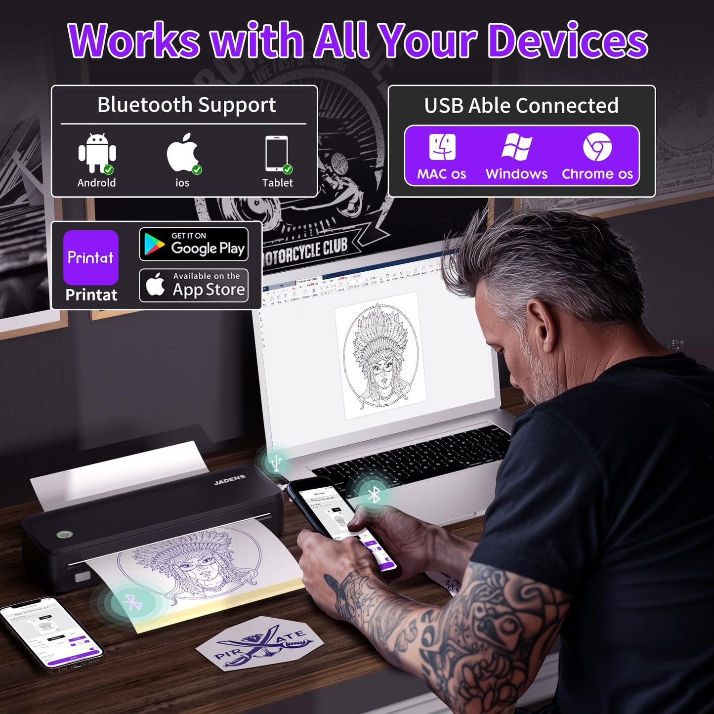JADENS Tattoo Stencil Printer with 40pcs Transfer Paper, Bluetooth Thermal Tattoo Printer Machine with 2600mAh Battery, Compatible with Android & iOS, PC for Tattoo Artists & Beginners