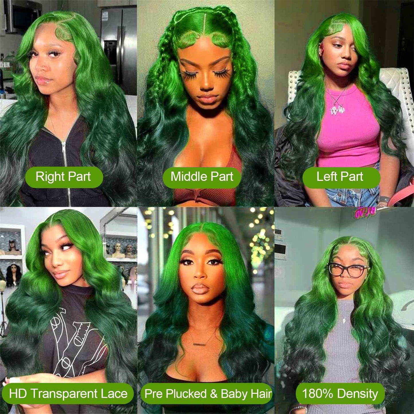 GGEDUO Green Ombre Lace Front Wig Human Hair Body Wave 13x4 HD Glueless Lace Front Wigs 3 Tone Light Green to Dark Green Colored for Fashion Women 180% Density 24 Inch