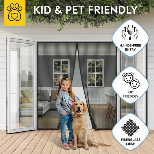 AUGO Magnetic Screen Door - Self Sealing, Heavy Duty, Hands Free Mesh Partition Keeps Bugs Out - Pet and Kid Friendly - Patent Pending Keep Open Feature - 74 Inch x 81 Inch
