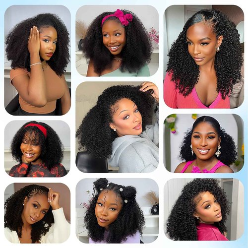 CUMASE Kinky Curly Half Wig Human Hair 200 Density 3 In 1 Seamless Flip Over Half Wig 20 Inch Glueless Wig with Drawstring No Lace for Women Beginner Friendly