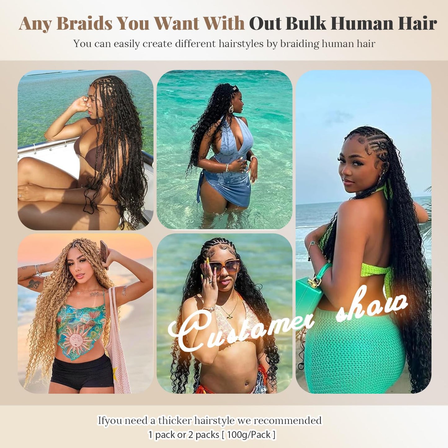 Human Braiding Hair 2 Bundle 100G 26 Inch Deep Water Wave Bulk Human Hair for Braiding No Weft 10A Bohemian Hair Virgin Curly Human Hair Extensions for Boho Braids Wet and Wavy Braiding Hair