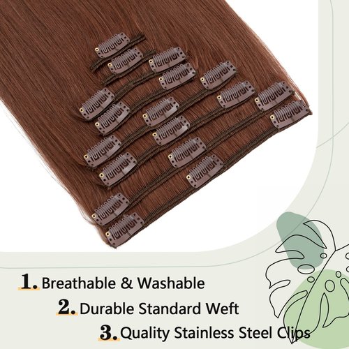 S-noilite Clip in Human Hair Extensions Auburn Hair Clip in Hair Extensions Standard Weft 100% Real Human Hair Full Head 8 Pieces 18 Clips Silky Soft 16 Inch-90g (#Dark Auburn (#33))