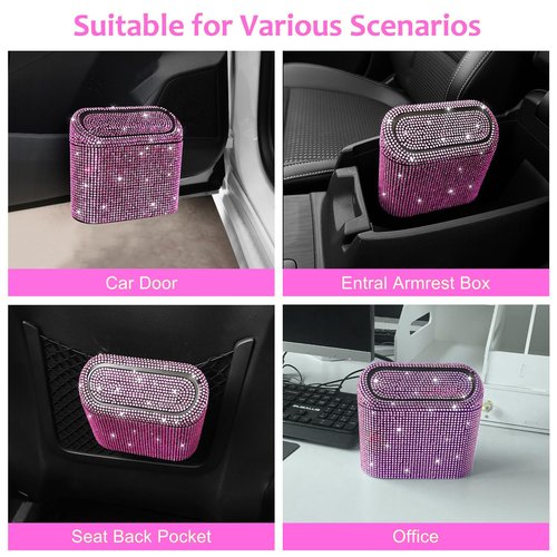 Accmor Bling Car Trash Can with Lid, Vehicle Trash Bin Car Dustbin Garbage Organizer Storage, Sparkling Crystal Mini Auto Trash Bags Holder Container with 30pcs Garbage Bags for Cars, SUV, Truck