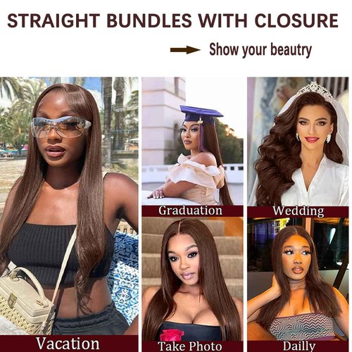 Dark Brown Human Hair Bundles with Closure (14 16 18with 14Free) Chocolate Brown Straight Hair 3Bundles with 4x4 Lace Closure Double Machin Weft Brown Bundles Human Hair